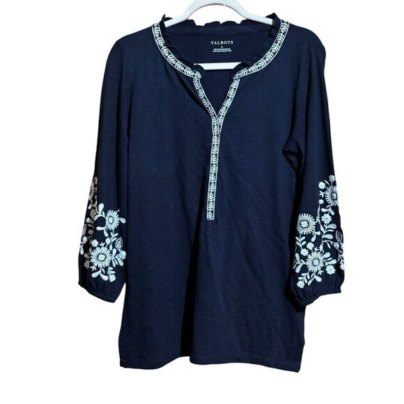 Talbots Tunic Top Womens Small Black White Floral Embroidered Split Neck Blouse - Picture 1 of 8